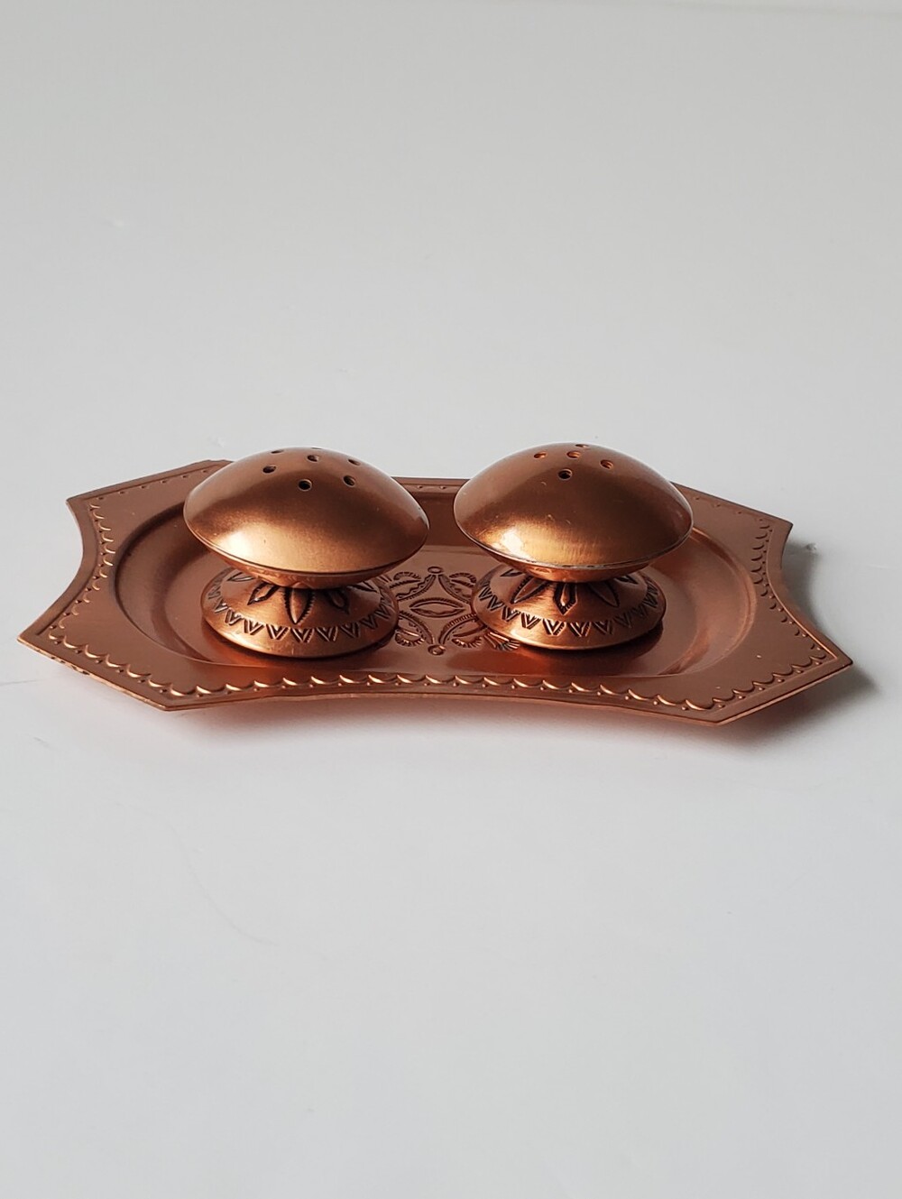Vintage Bell Trading Post Solid Copper Salt & Pepper Shakers Set With Tray